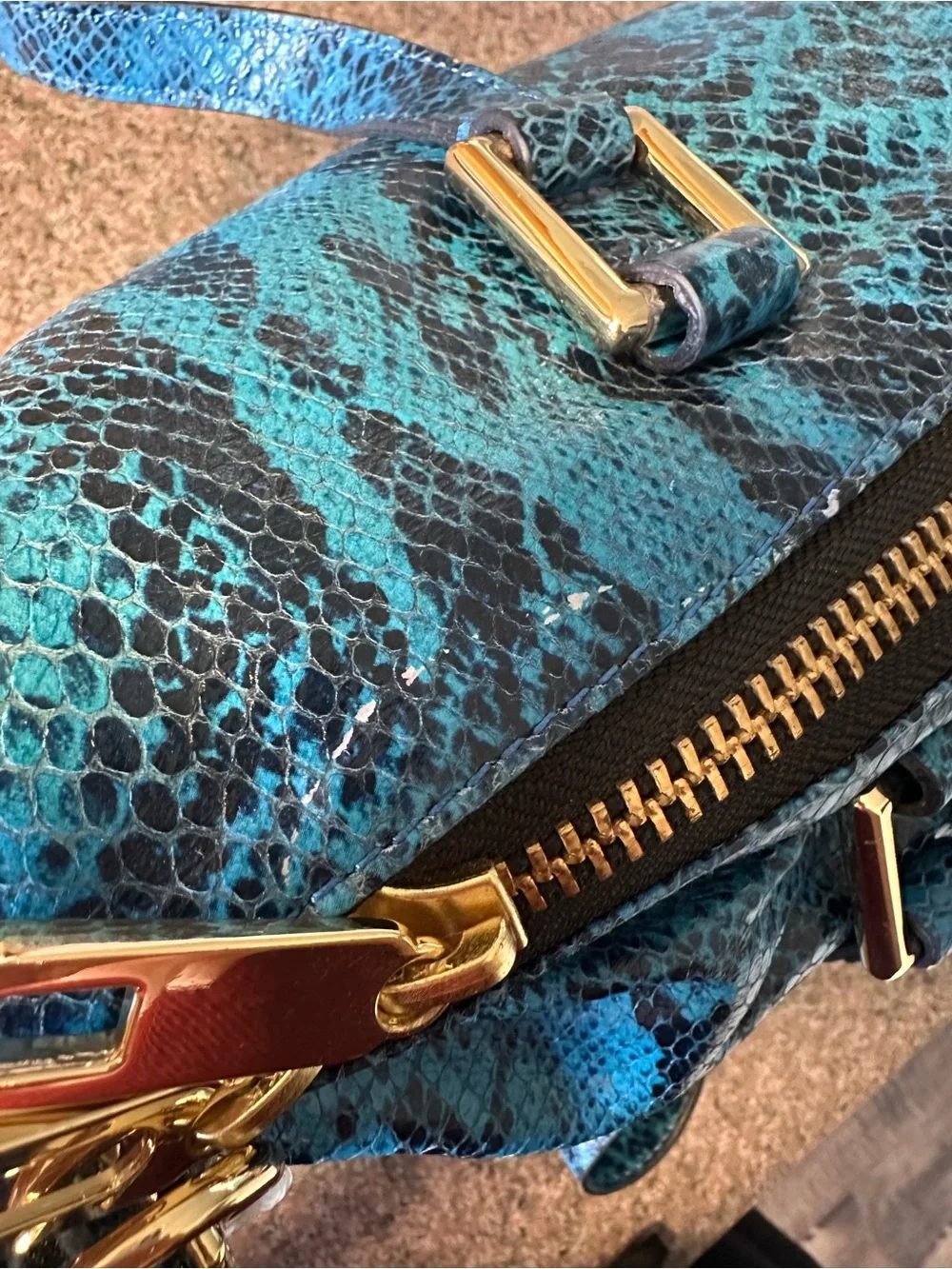Juicy Couture Teal Snake-Print Shoulder Bag with Gold Chain Accents